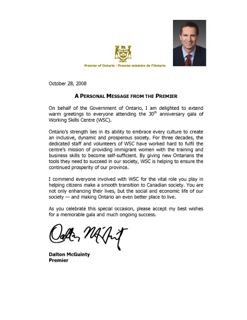 Message from Premier of Ontario Dalton McGuinty