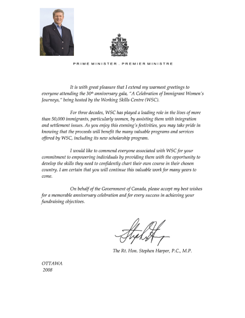 Message from Prime Minister of Canada Stephen Harper